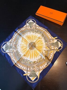 Hermes Navy & Yellow Sunflower Silk Scarf